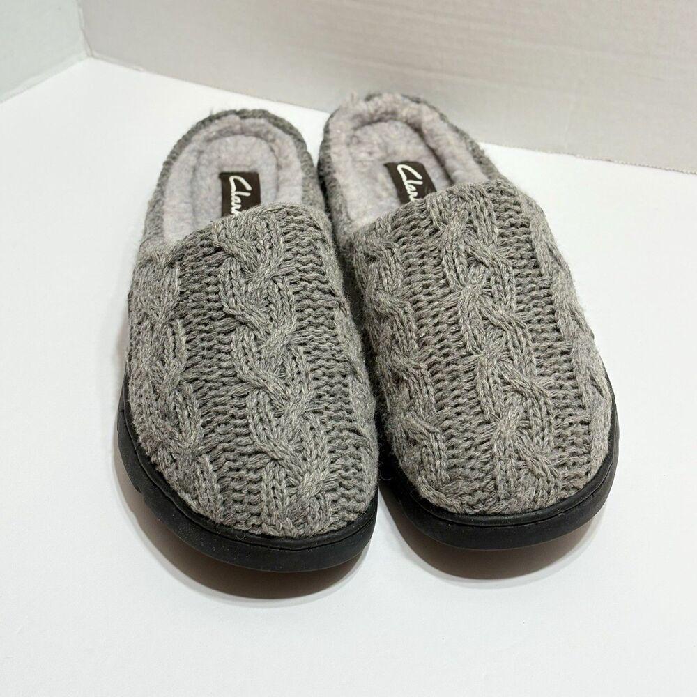 Clarks Women’s Grey Cable Knit Sweater Mules Size 11 Cabincore Cozy Fleece Lined